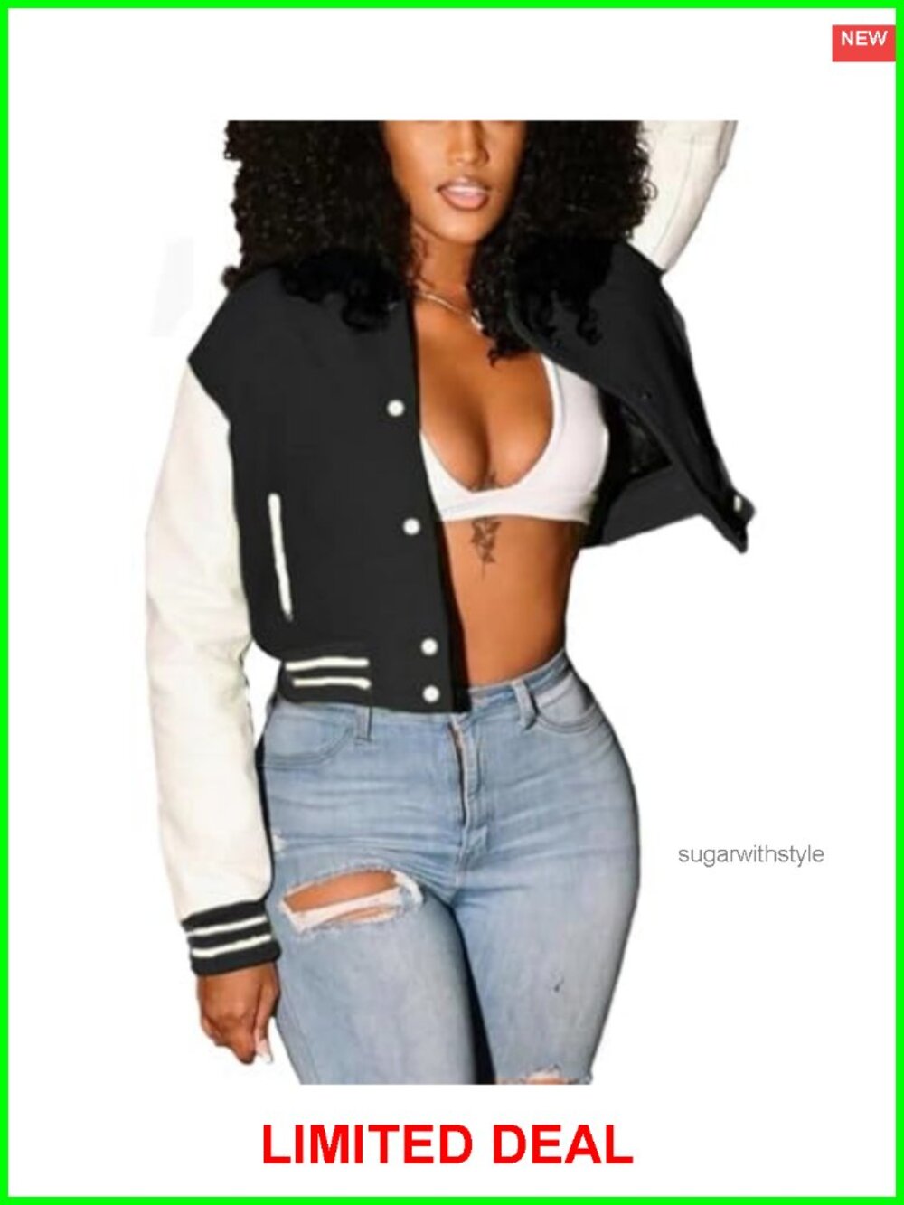 Women's Cropped Bomber Varsity Jacket Slim Fit Button Down Striped Trim